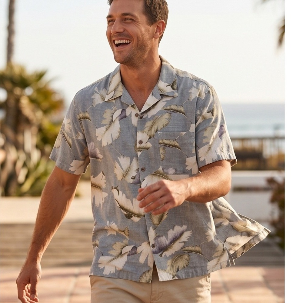Paradise Coves Mens 3X Hawaiian Shirt Silk Linen Blue Feather Print Camp